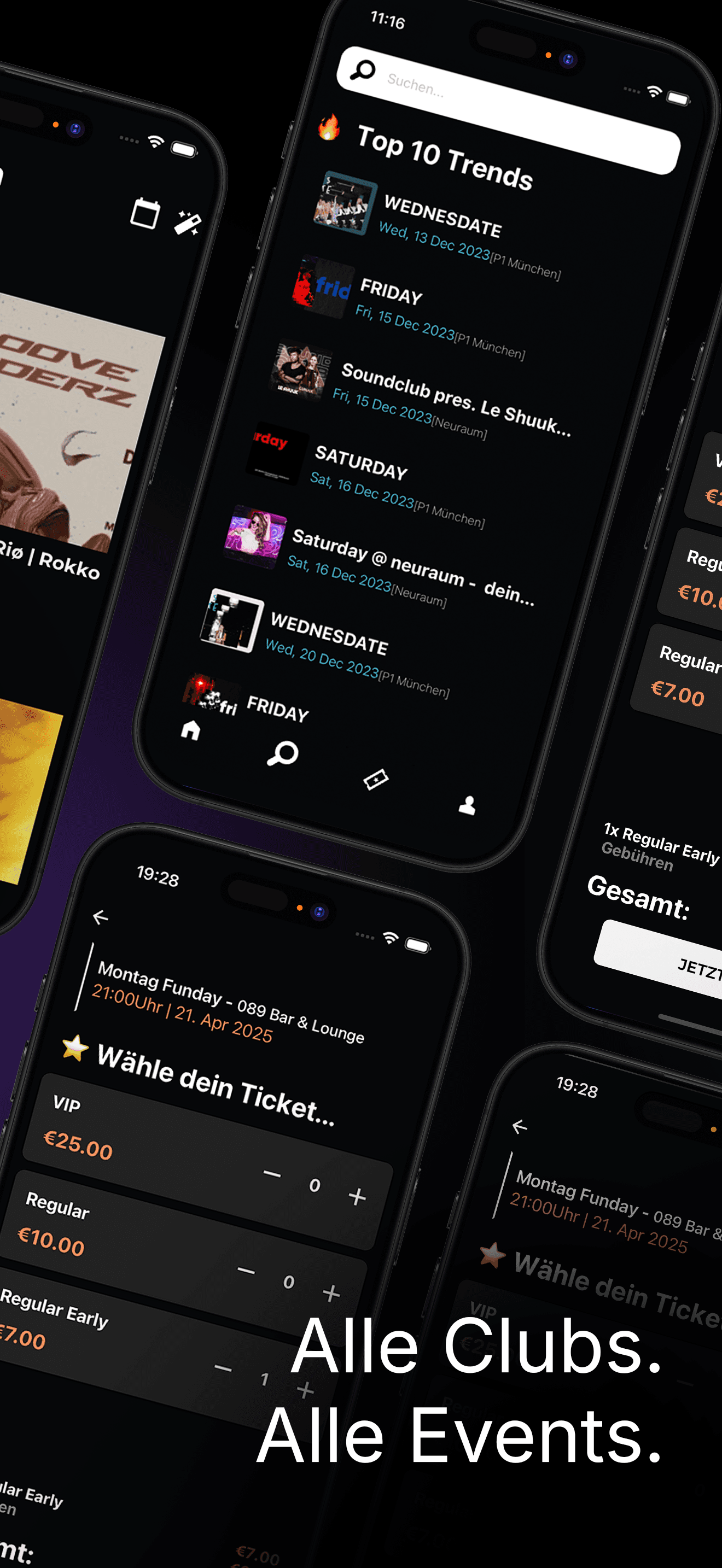 baila App Store Screenshot mit Clubs und Events
