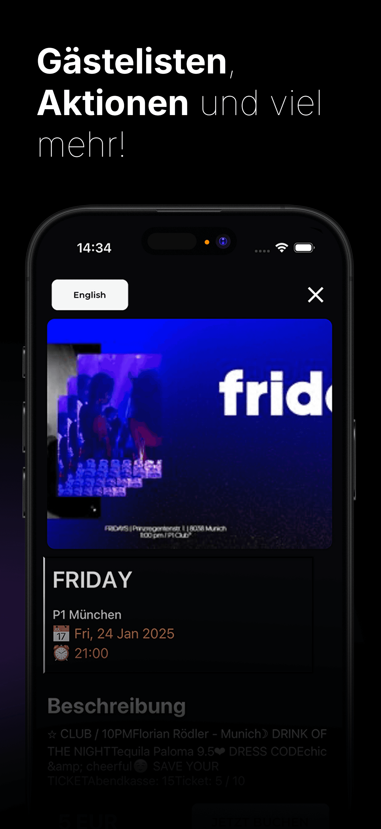 baila App Store Screenshot mit Gästelisten und Aktionen